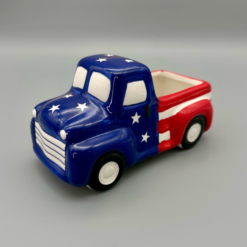 Patriotic Truck Red White Blue USA Stars Stripes Ceramic Vintage-Style Decor